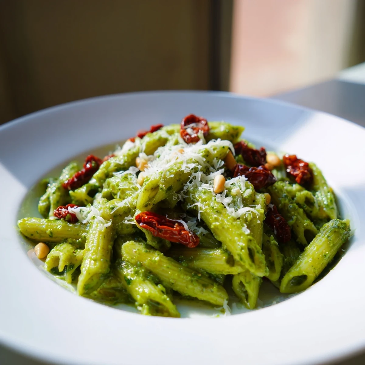 A steaming bowl of green pesto pasta with sun-dried tomatoes, basil pesto, and grated Parmesan, perfect for a quick meal.