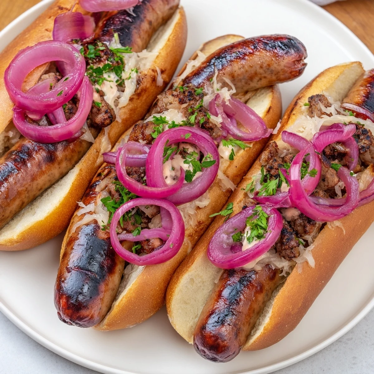 Perfectly grilled beef bratwurst nestled in a toasted bun, topped with tangy sauerkraut and a generous dollop of whole grain mustard.