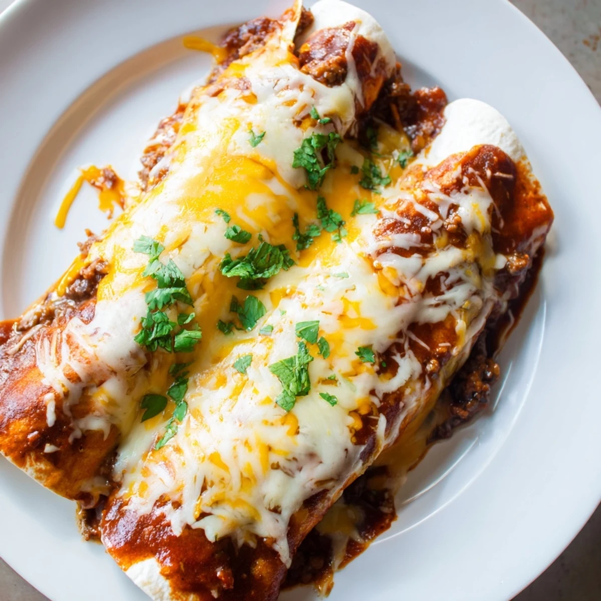 Golden-brown Beef Enchiladas with red sauce bubbling under melted cheese, served hot in a baking dish.