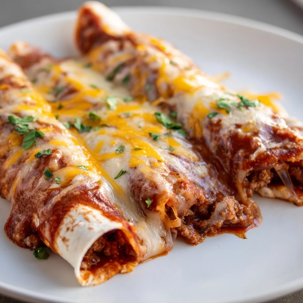 Beef Enchiladas with Red Sauce and Cheese bake until golden, garnished with fresh cilantro for a Mexican-inspired meal.