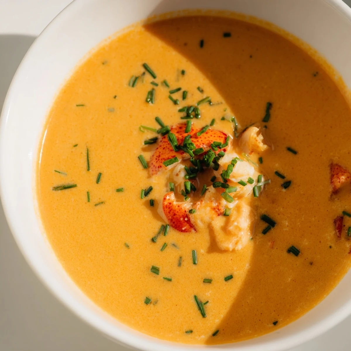 Creamy Lobster Bisque with Sherry Vinegar Substitute garnished with fresh chives in a white bowl, steaming gently.  