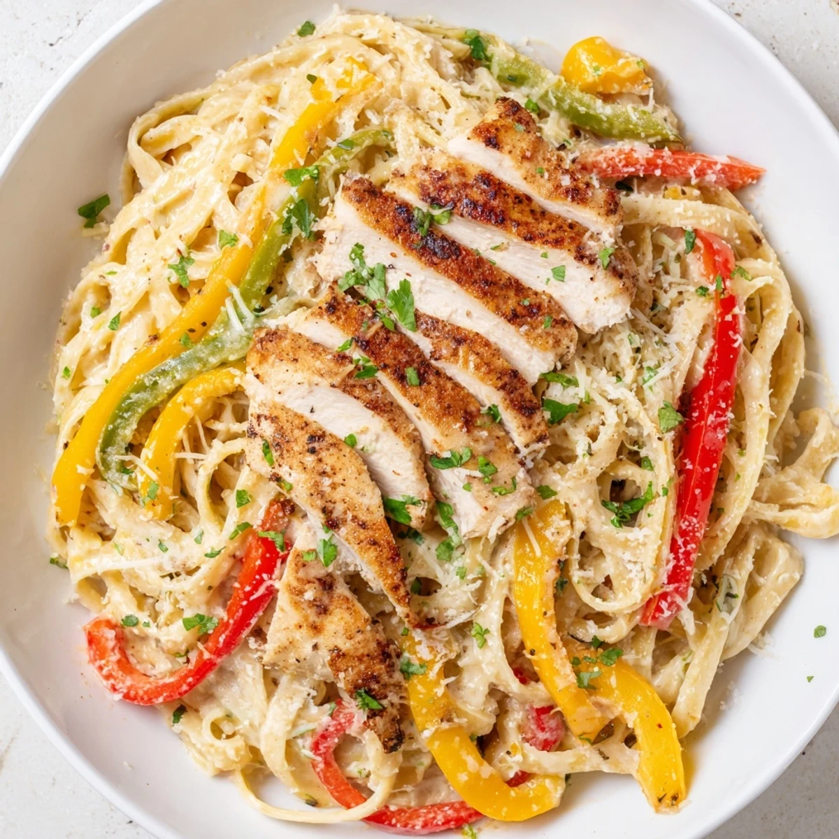 A serving of creamy Cajun Chicken Alfredo with Bell Peppers, featuring fettuccine pasta with sliced chicken and colorful vegetables.