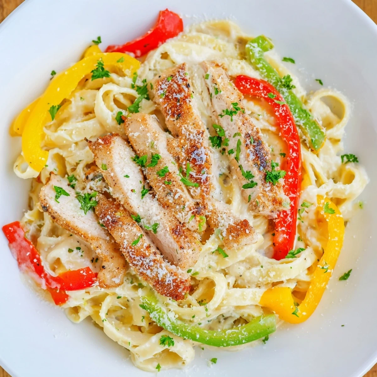 Close-up of Cajun Chicken Alfredo with Bell Peppers, highlighting the rich, creamy sauce coating the pasta and tender chicken.