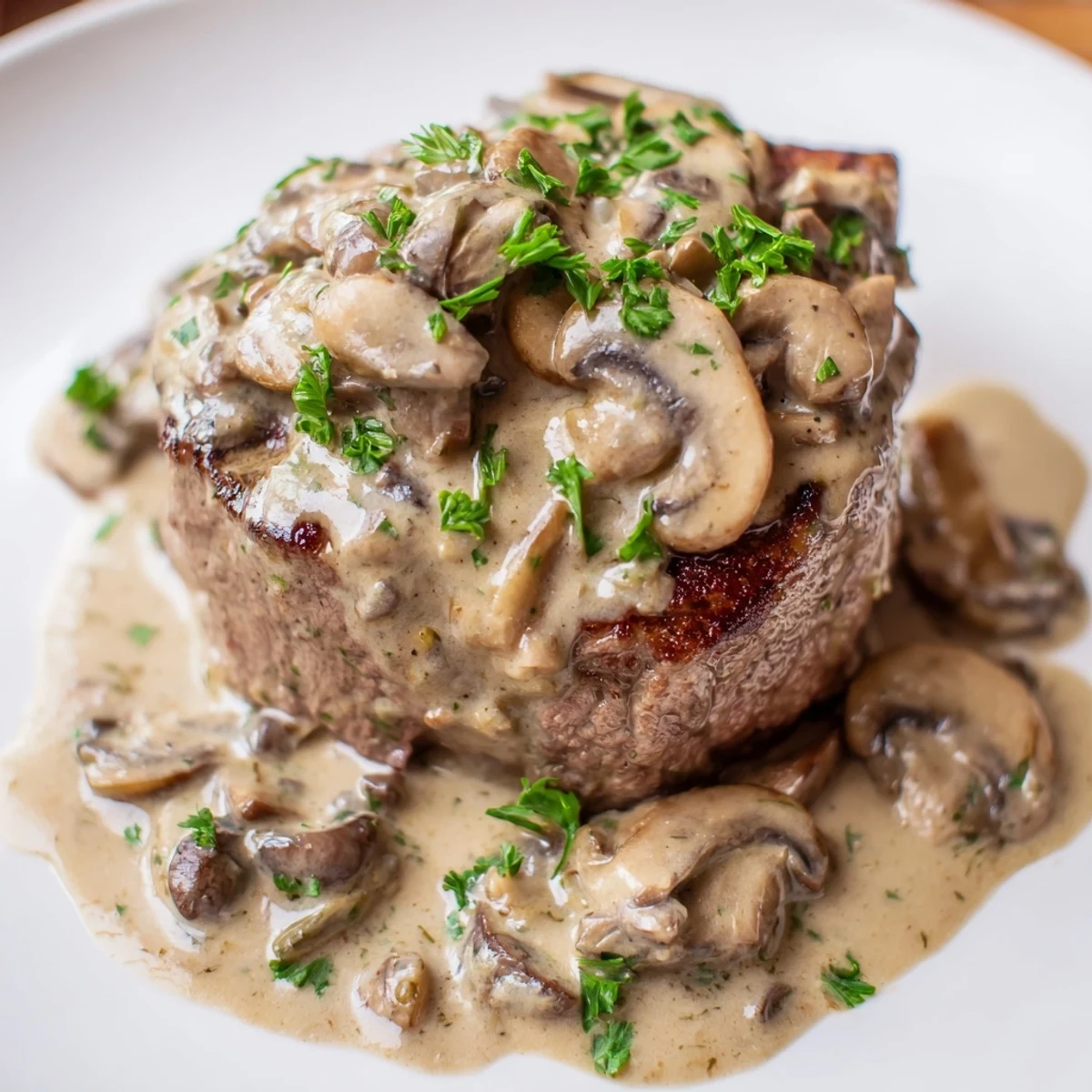 Golden-brown seared steak drizzled with creamy mushroom Diane sauce on a rustic plate, served alongside mashed potatoes and fresh parsley garnish.  
