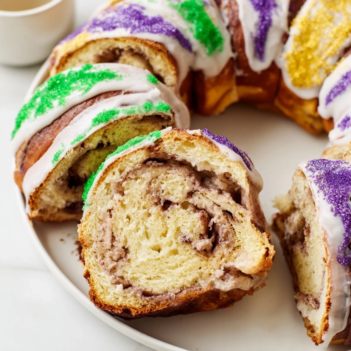 A fresh-baked Mardi Gras King Cake ring topped with vibrant icing and colorful sanding sugar on a festive platter.