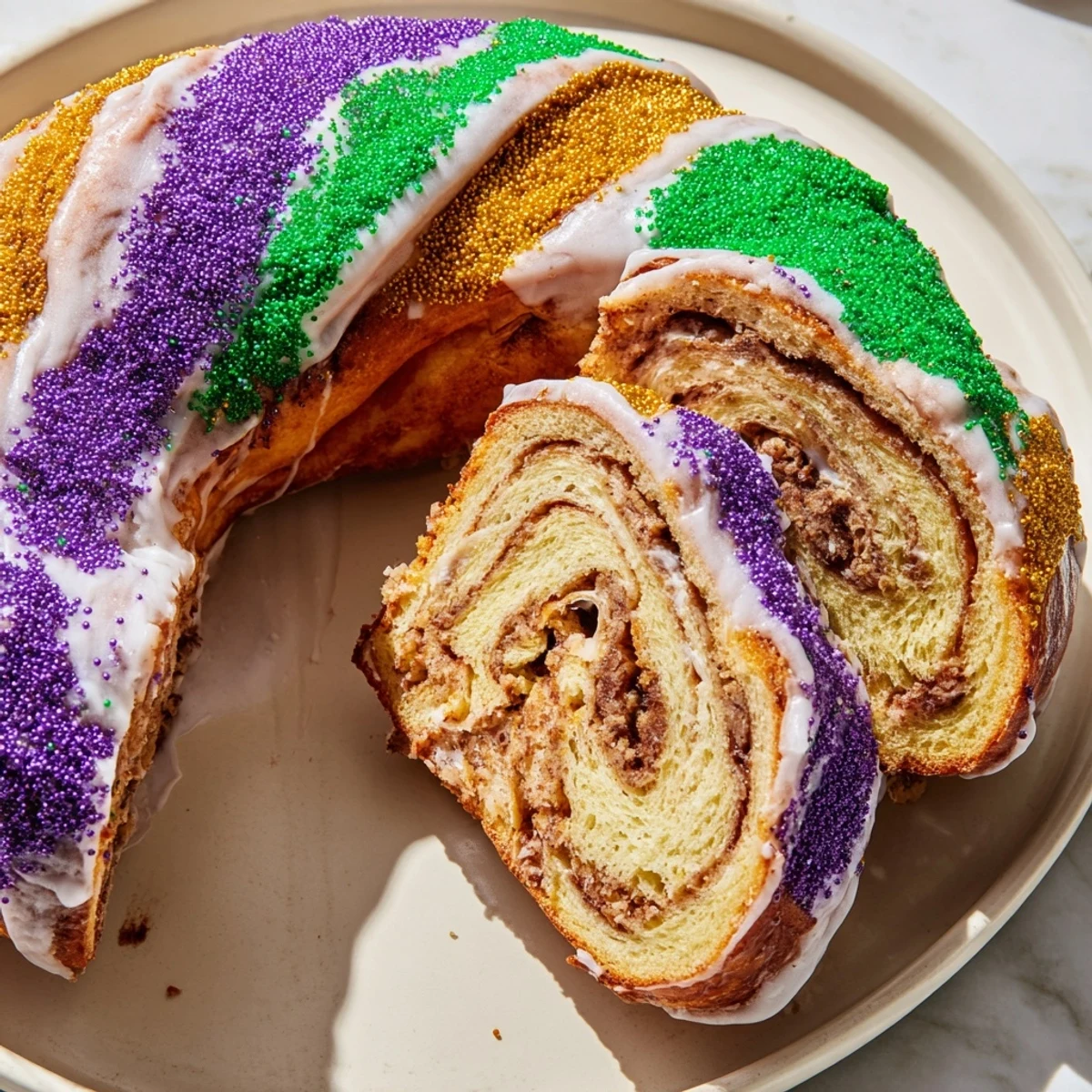 Soft brioche-style Mardi Gras King Cake, drizzled with vanilla icing and sprinkled with traditional purple, green, and gold sugars.