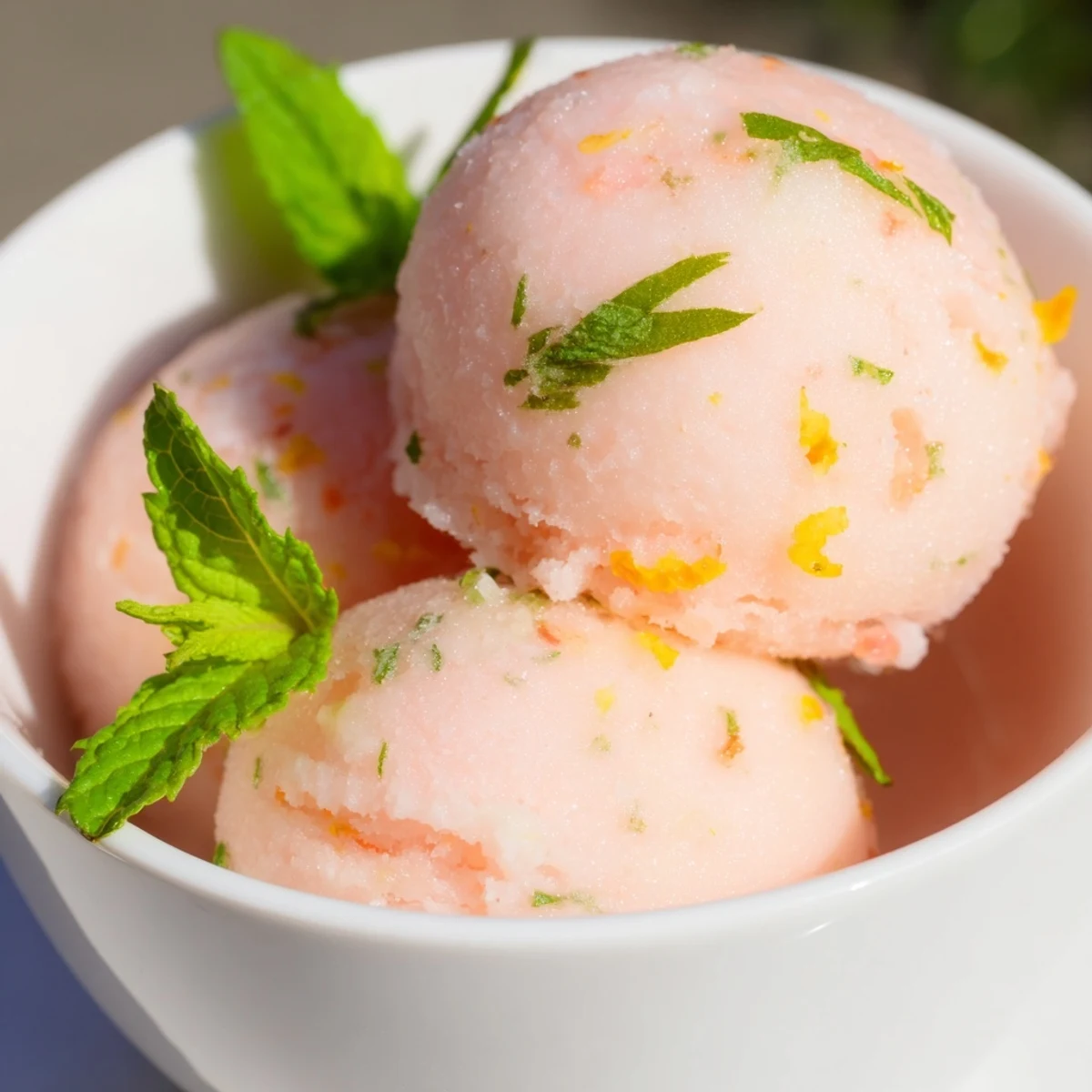 Scoops of bright pink lemonade sorbet, dotted with fresh mint, sit in a chilled glass bowl on a sunny patio table.  