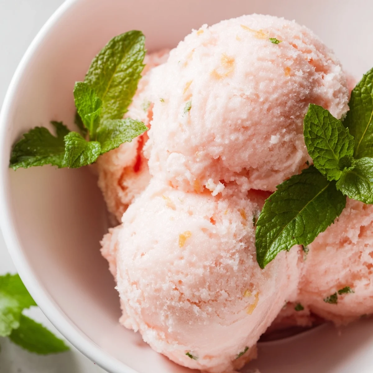 A refreshing scoop of pink lemonade sorbet, topped with fresh mint leaves, ready for a hot summer day.