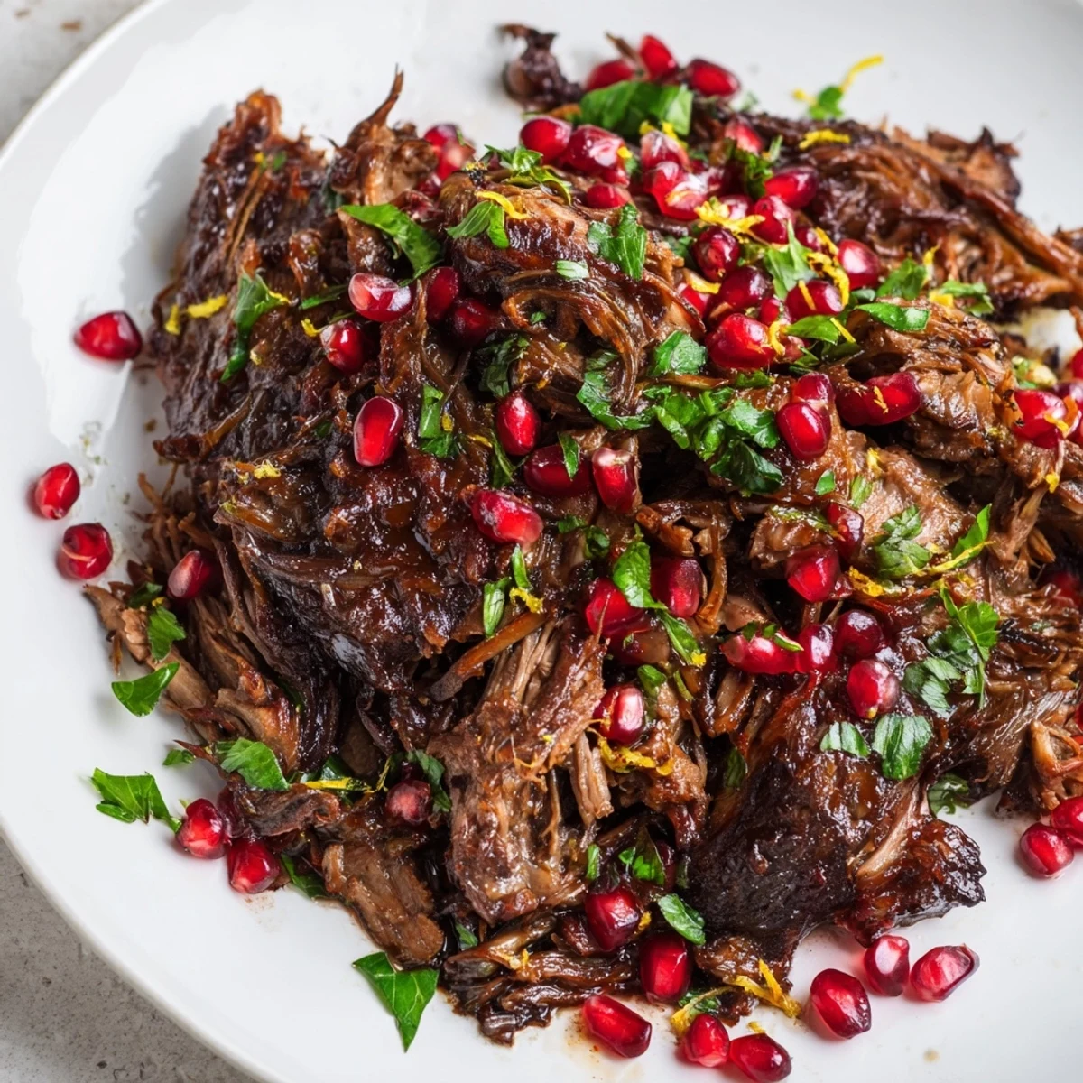 Braised Lamb Shoulder with Pomegranate glistens with a glossy, jewel-toned sauce and fresh pomegranate seeds atop tender, fall-off-the-bone meat.  