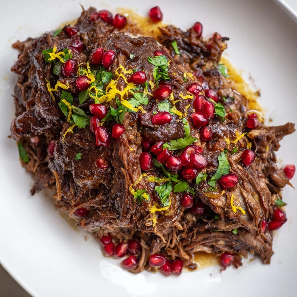 A close-up of Braised Lamb Shoulder with Pomegranate shows fragrant steam rising from rich, spiced sauce and bright red arils.  