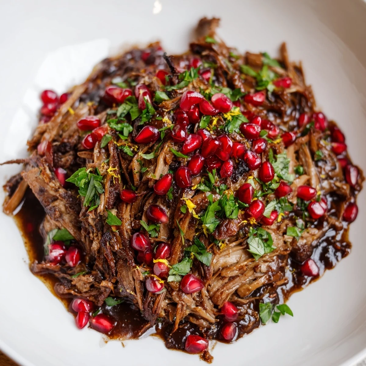 Festive Braised Lamb Shoulder with Pomegranate is garnished with fresh parsley and lemon zest, paired with couscous and roasted veggies.