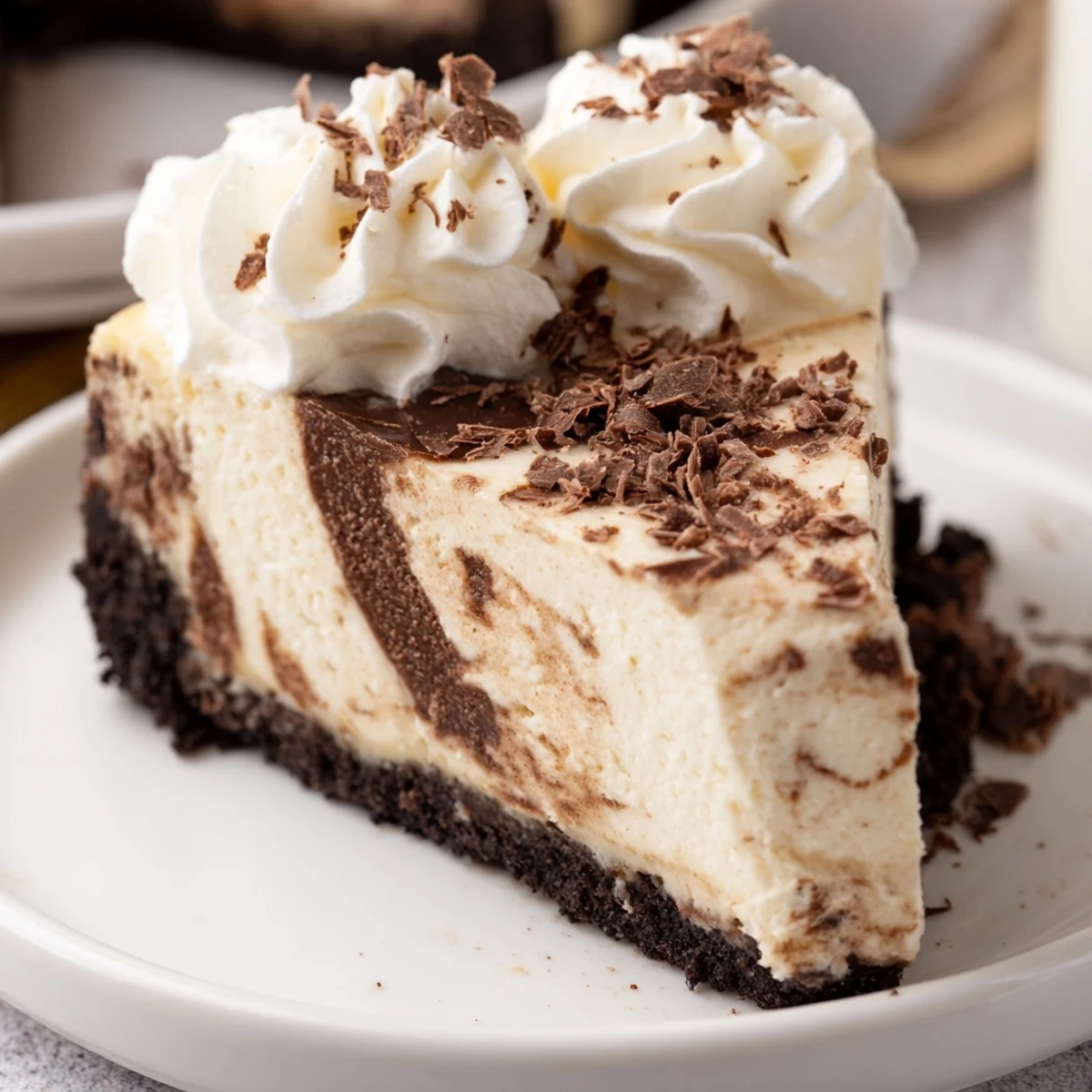 Freshly baked Irish Cream Cheesecake in a springform pan, topped with a dollop of whipped cream and shaved chocolate.