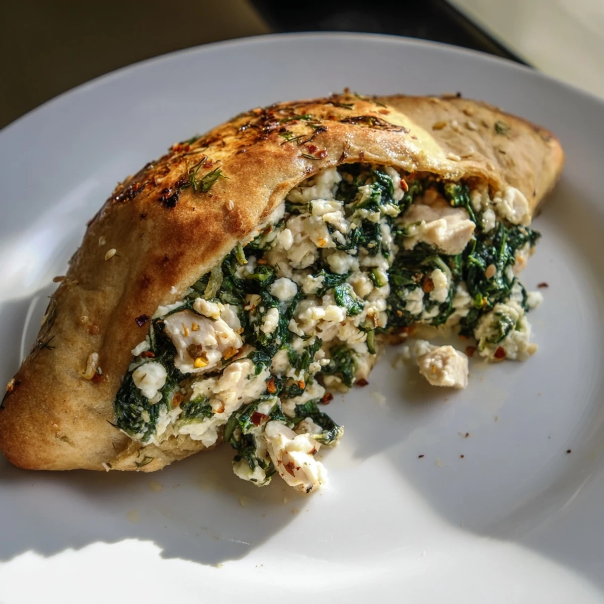 Golden-brown baked Spinach and Feta Stuffed Chicken Breast resting on a white plate, revealing the vibrant green filling.