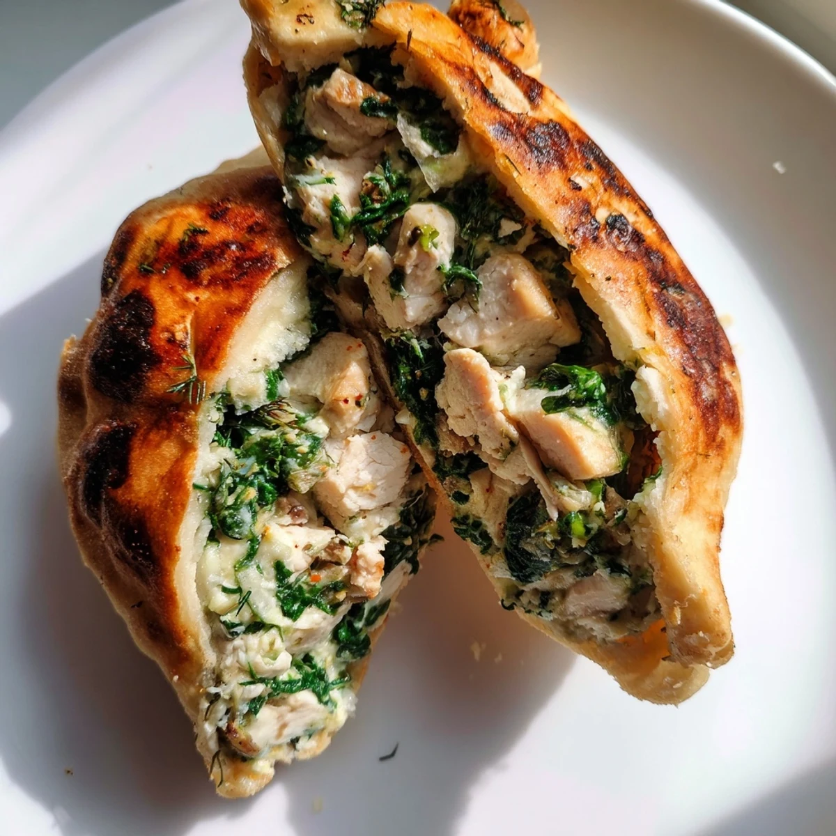 Close-up view of Spinach and Feta Stuffed Chicken Breast, highlighting the melted feta and spinach mixture oozing from the cut.