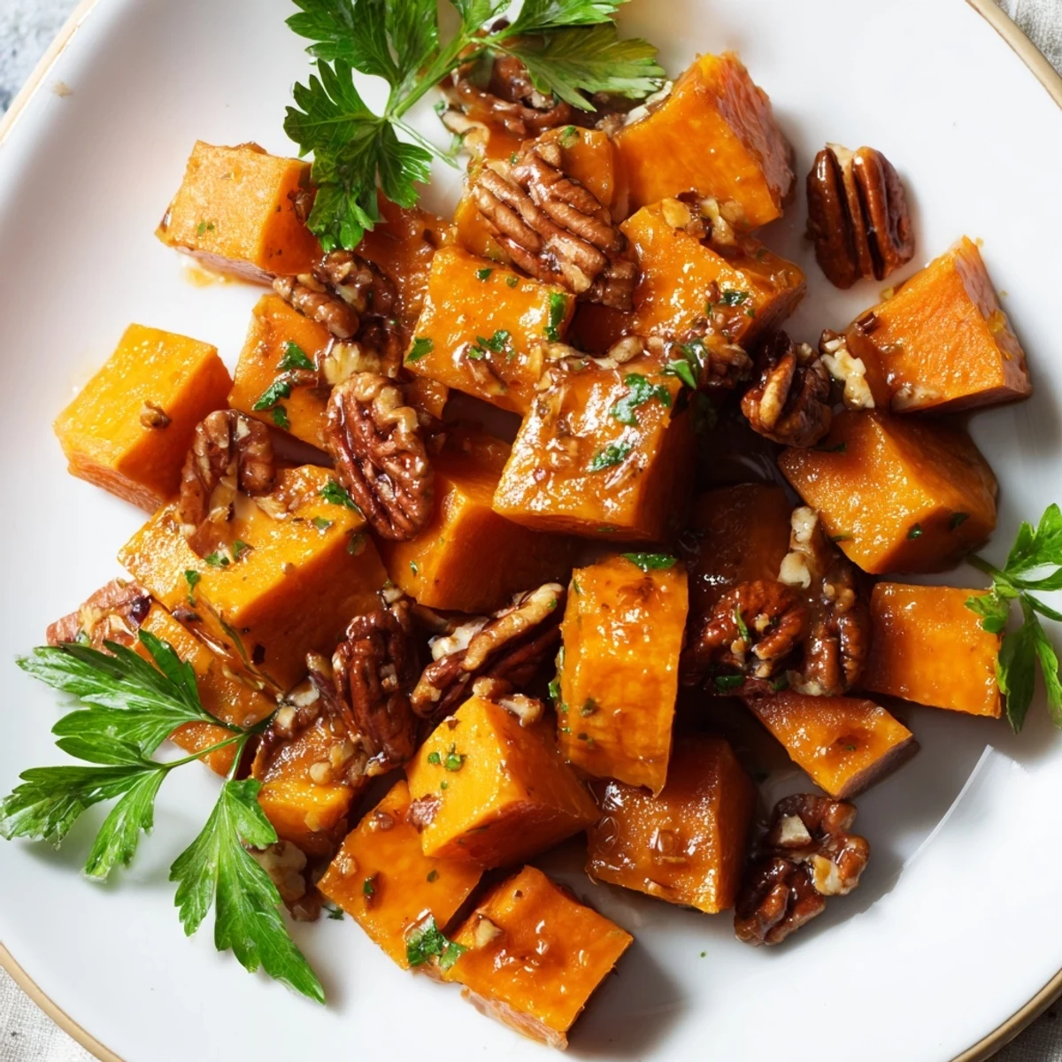 Roasted sweet potatoes glistening with maple glaze, topped with toasted pecans and fresh parsley on a serving dish.
