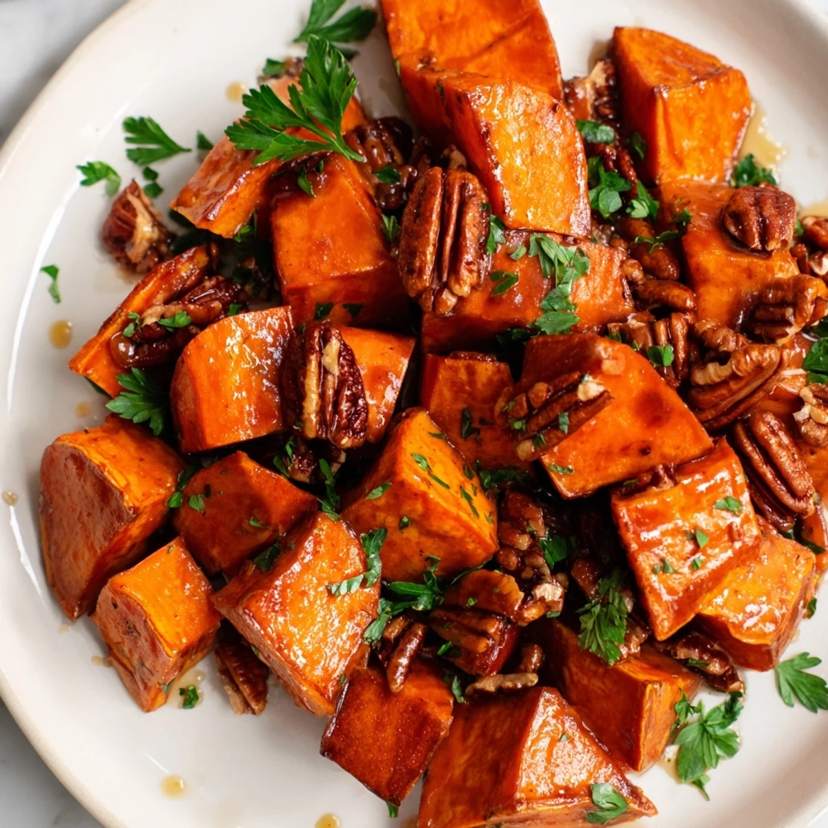 Warm roasted sweet potatoes with maple and pecans, finished with fresh parsley and ready to serve.