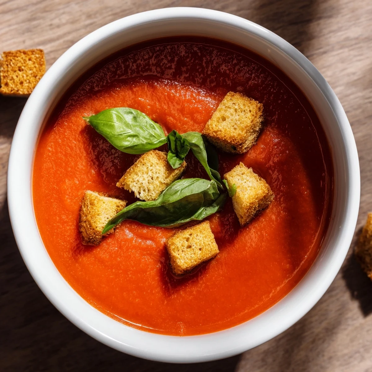 Creamy Tomato and Basil Soup with Croutons served beside a glass of white wine, garnished with extra basil for a fresh finish.