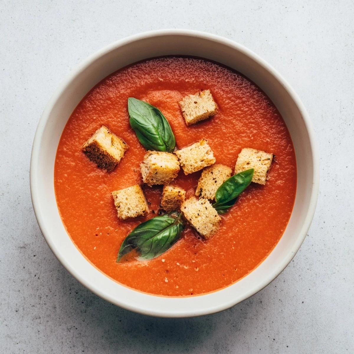 Creamy Tomato and Basil Soup with Croutons in a rustic bowl, garnished with fresh basil leaves and golden, crunchy croutons.  