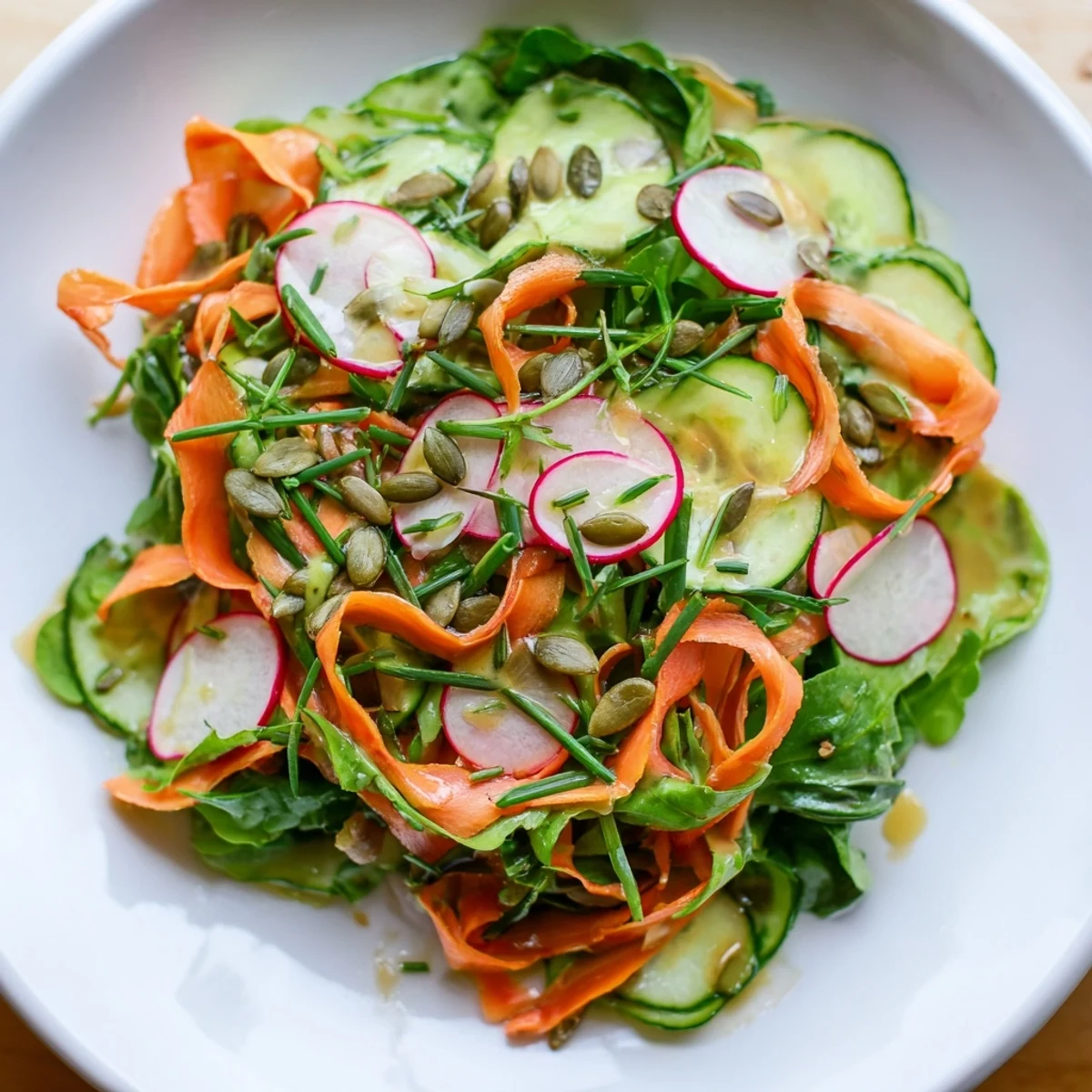 Freshly prepared Spring Garden Salad with Radishes and Cucumber, topped with crunchy sunflower seeds and herbs, served as a light vegetarian side dish.
