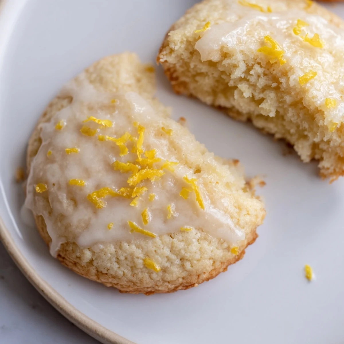 A close-up of Lemon Ricotta Cookies with glaze, drizzled over tender cookie tops with visible lemon zest.
