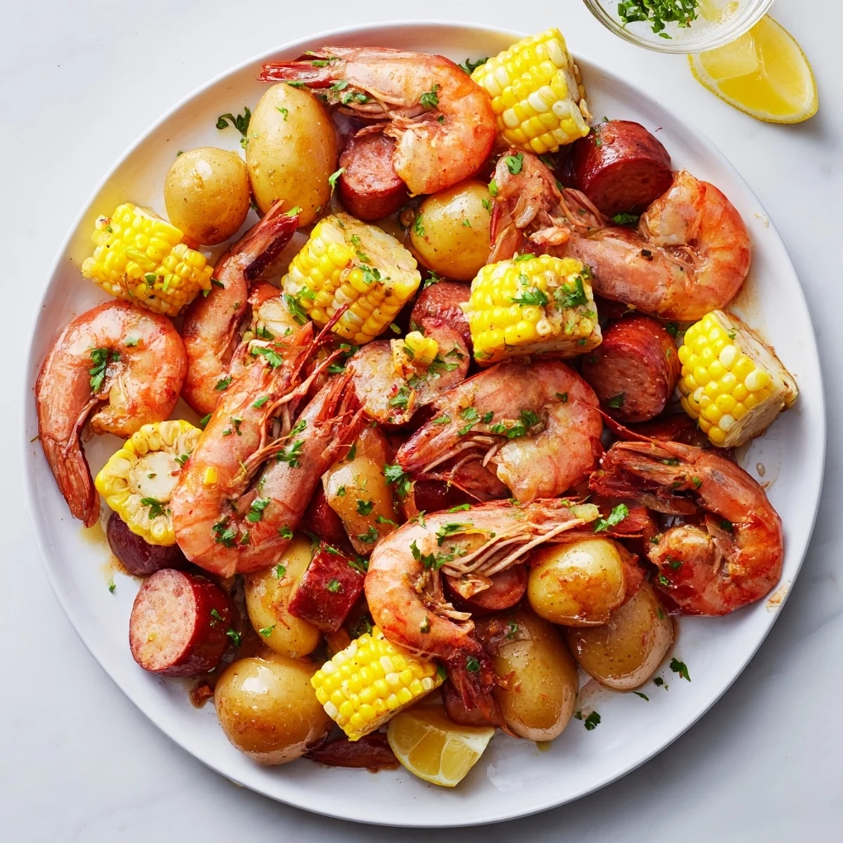 A vibrant Cajun Shrimp Boil with corn and potatoes, piled high on a tray with andouille sausage and a lemon wedge.