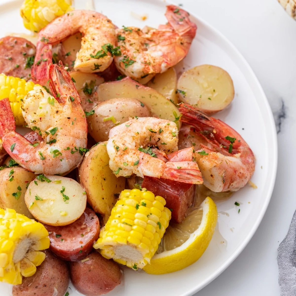 Steam rises from a platter of Cajun Shrimp Boil featuring juicy shrimp, tender potatoes, sweet corn, and spicy sausage.