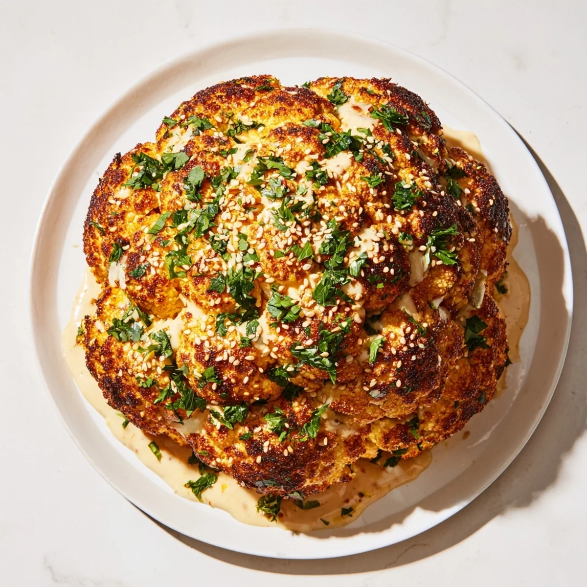 A perfectly roasted whole cauliflower with tahini drizzle garnished with parsley and sesame seeds.
