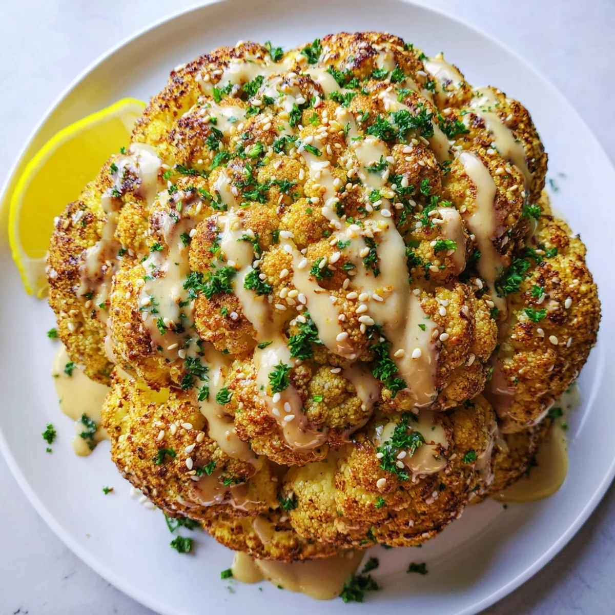 The golden-brown whole roasted cauliflower with tahini drizzle sits beside fresh lemon wedges.