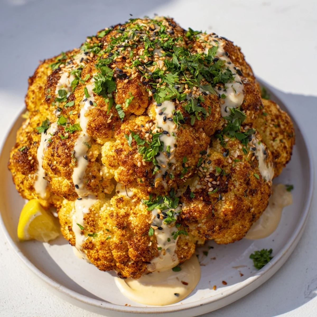 Sliced wedges of whole roasted cauliflower with tahini drizzle served on a white platter.