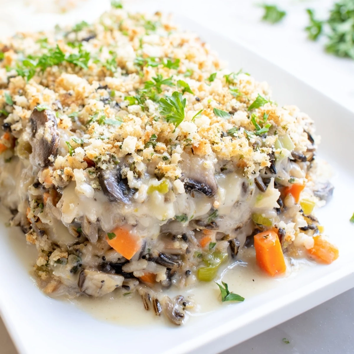 A close-up of Creamy Mushroom and Wild Rice Casserole with golden panko topping and visible rice grains.