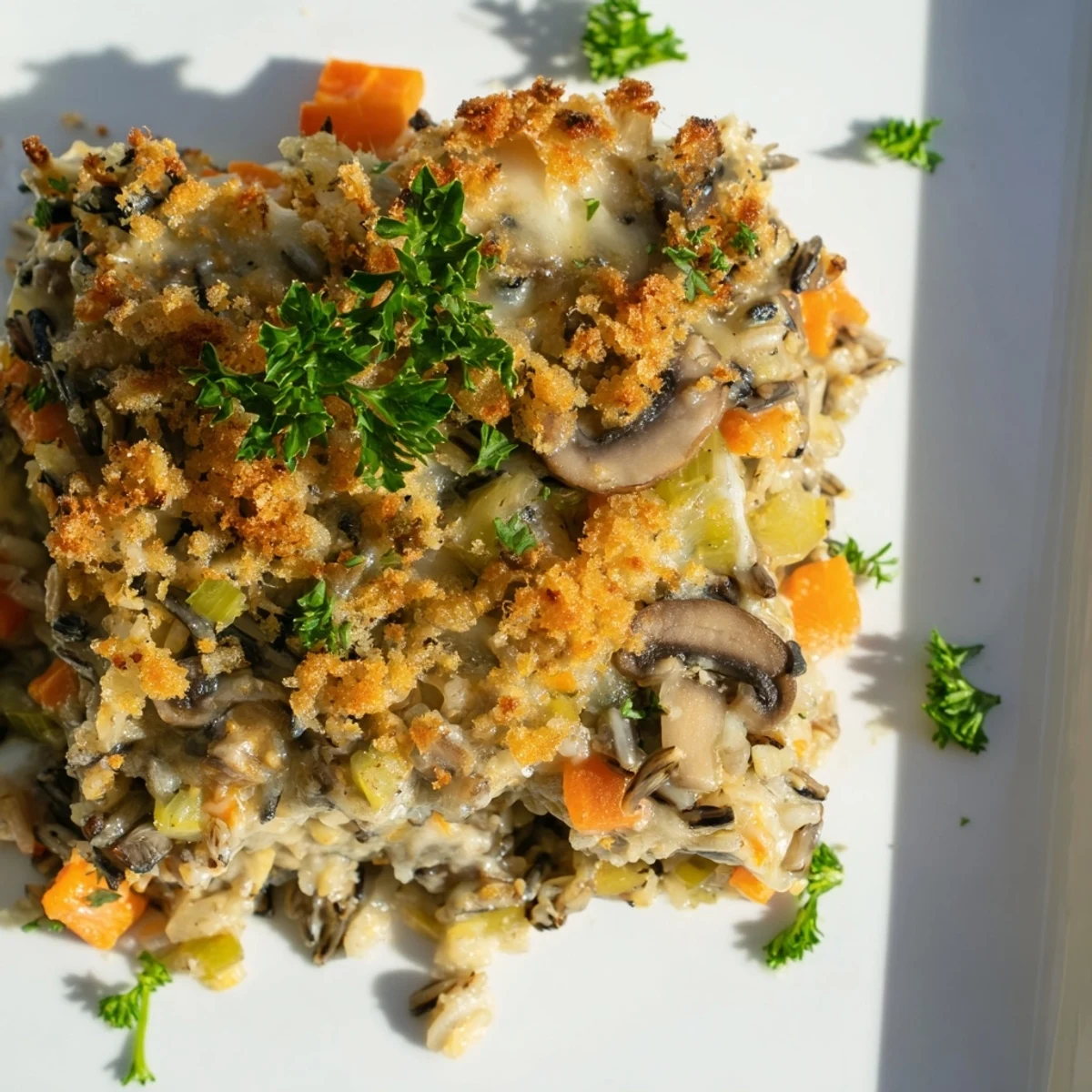 A spoon lifts a serving of Creamy Mushroom and Wild Rice Casserole from a white dish next to green salad.