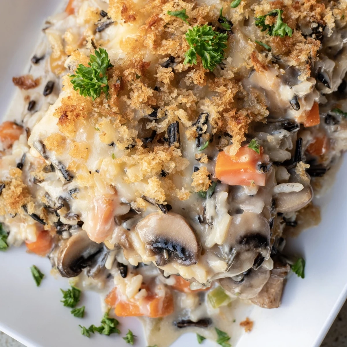 The baked Creamy Mushroom and Wild Rice Casserole shows a bubbly, cheesy surface and sautéed mushroom slices inside.