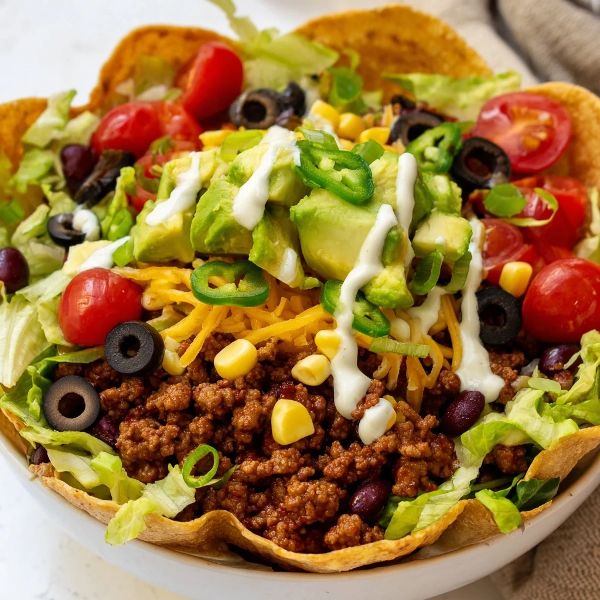 A crisp homemade tortilla bowl holds a vibrant Beef Taco Salad with seasoned ground beef, fresh veggies, and creamy dressing.