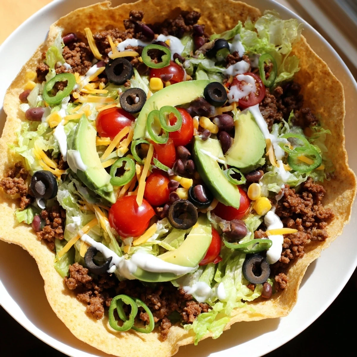 Crispy golden tortilla bowls cradle a hearty Beef Taco Salad with zesty beef, creamy avocado, and Tex-Mex toppings.