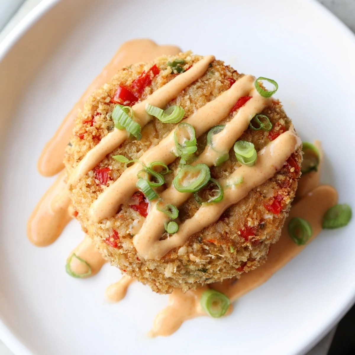 A close-up of a Spicy Tuna Cake being dipped into creamy Sriracha Mayo, showing the tender interior.