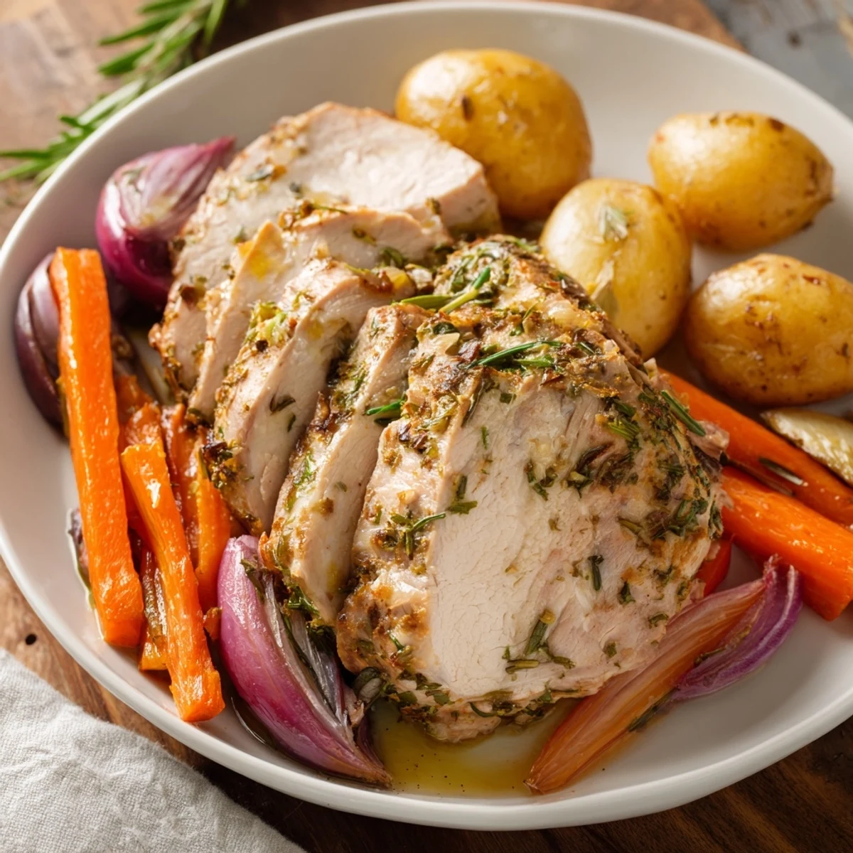 Juicy Sheet Pan Lemon Herb Turkey Breast sliced on a platter, surrounded by tender vegetables and lemon wedges for serving.