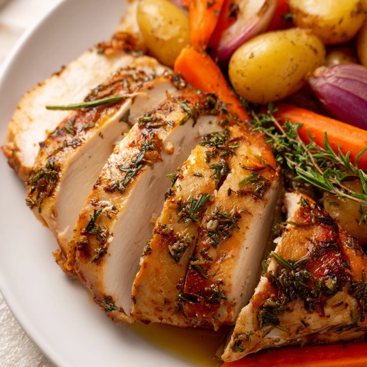 Golden-brown Sheet Pan Lemon Herb Turkey Breast rests beside roasted baby potatoes, carrots, and red onion with fresh rosemary.