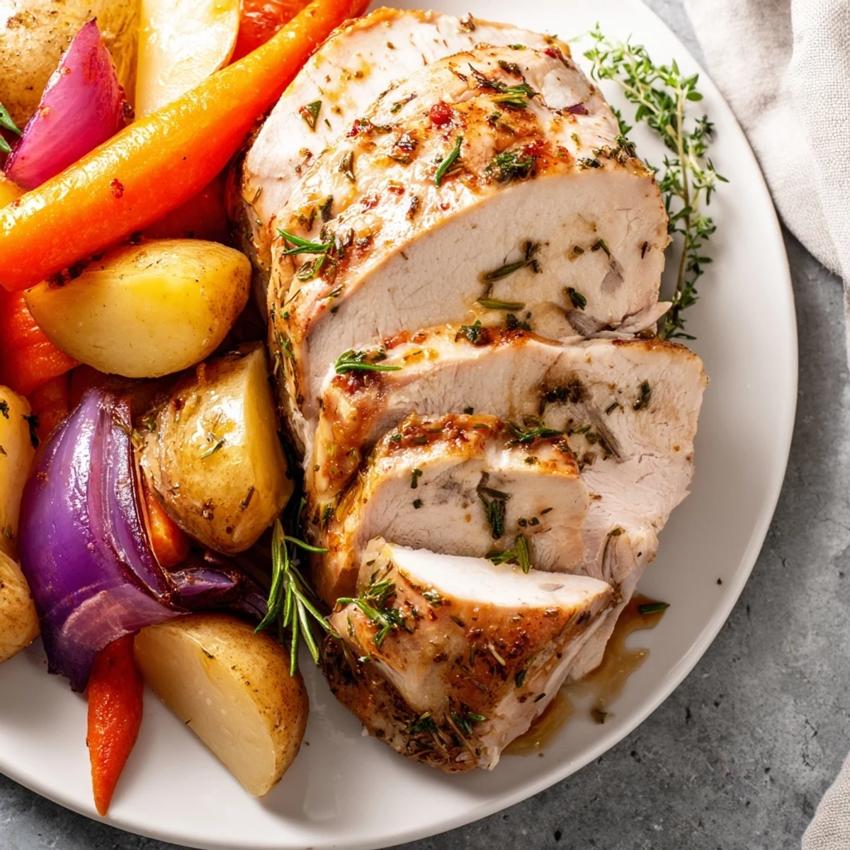 Freshly roasted Sheet Pan Lemon Herb Turkey Breast on a sheet pan with caramelized vegetables and a drizzle of olive oil.