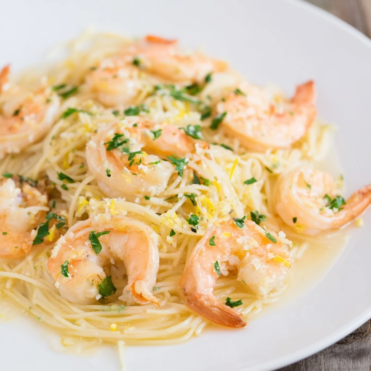 Golden shrimp and lemon garlic butter shimmer on delicate angel hair pasta, served with lemon wedges and Parmesan.