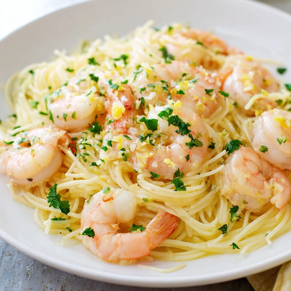 Tender angel hair pasta coated in zesty lemon garlic butter sauce with succulent shrimp, garnished with fresh parsley.