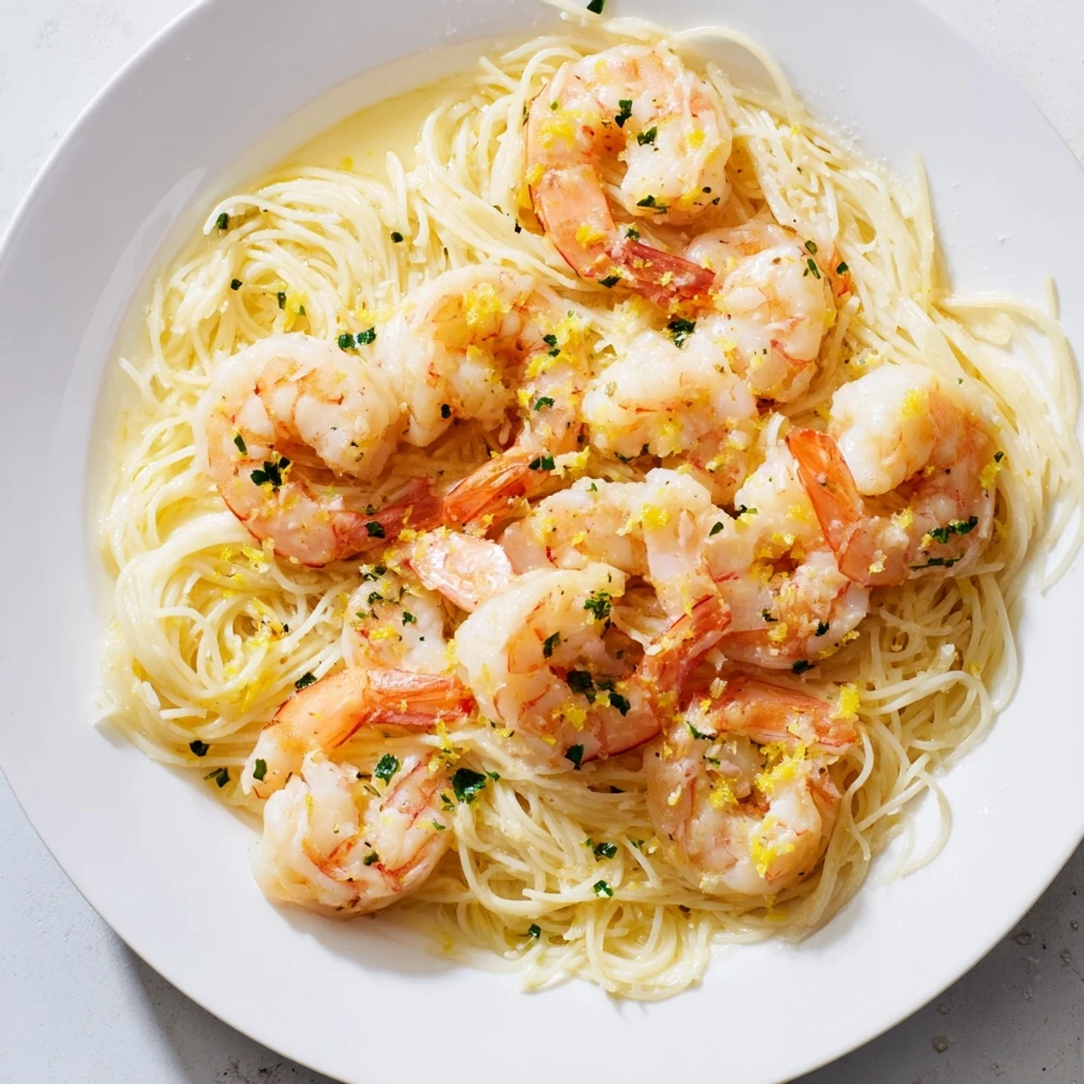 A warm skillet of Lemon Garlic Butter Shrimp with Angel Hair Pasta tossed in garlicky butter, perfect with white wine.