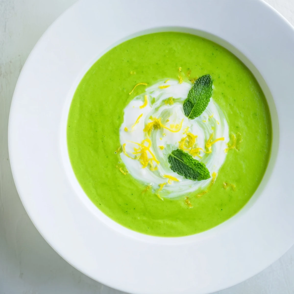 Close-up of vibrant green Spring Pea Soup with Mint and Crème Fraîche, featuring a dollop of crème fraîche on top.