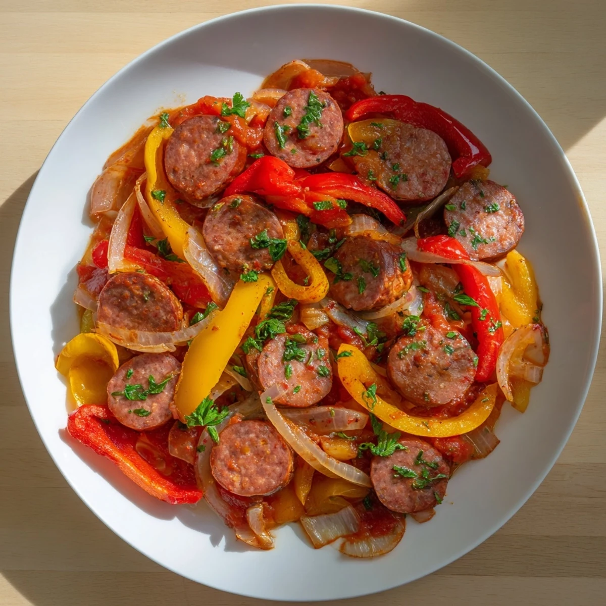 Beef Sausage and Pepper Skillet shows sautéed beef sausage slices with colorful bell peppers and onions in a rich tomato sauce.