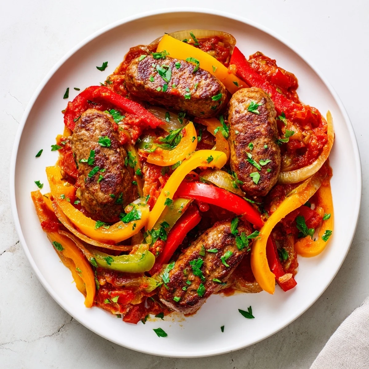 Hearty Beef Sausage and Pepper Skillet plated over creamy mashed potatoes, garnished with fresh parsley and ready for a comforting dinner.