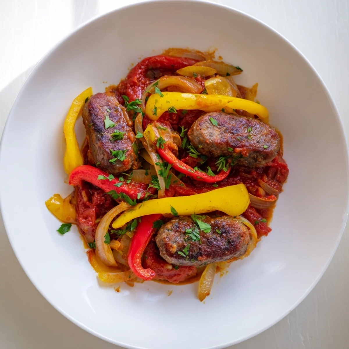 Close-up of Beef Sausage and Pepper Skillet featuring tender vegetables, savory spices, and juicy beef sausage simmered in a skillet.