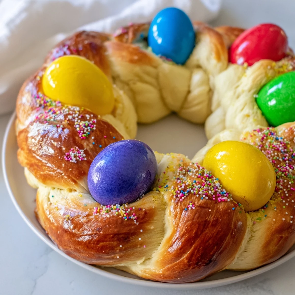 A golden braided Easter Bread with Colored Eggs sits on a rustic wooden table, decorated with vibrant pastel eggs.