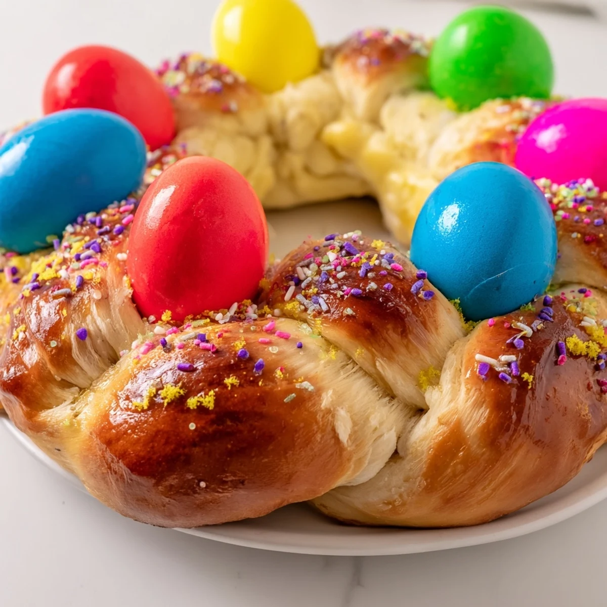 Close-up of Easter Bread with Colored Eggs revealing a soft, fluffy interior and a shiny, golden-brown crust on the braid.