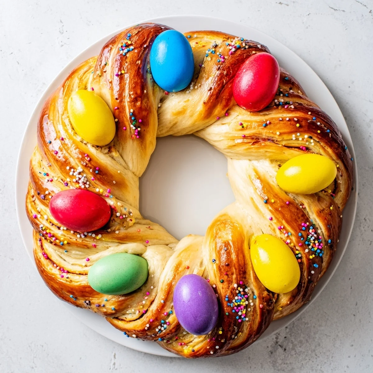 Freshly baked Easter Bread with Colored Eggs is dusted with powdered sugar on a white ceramic plate, ready to slice.