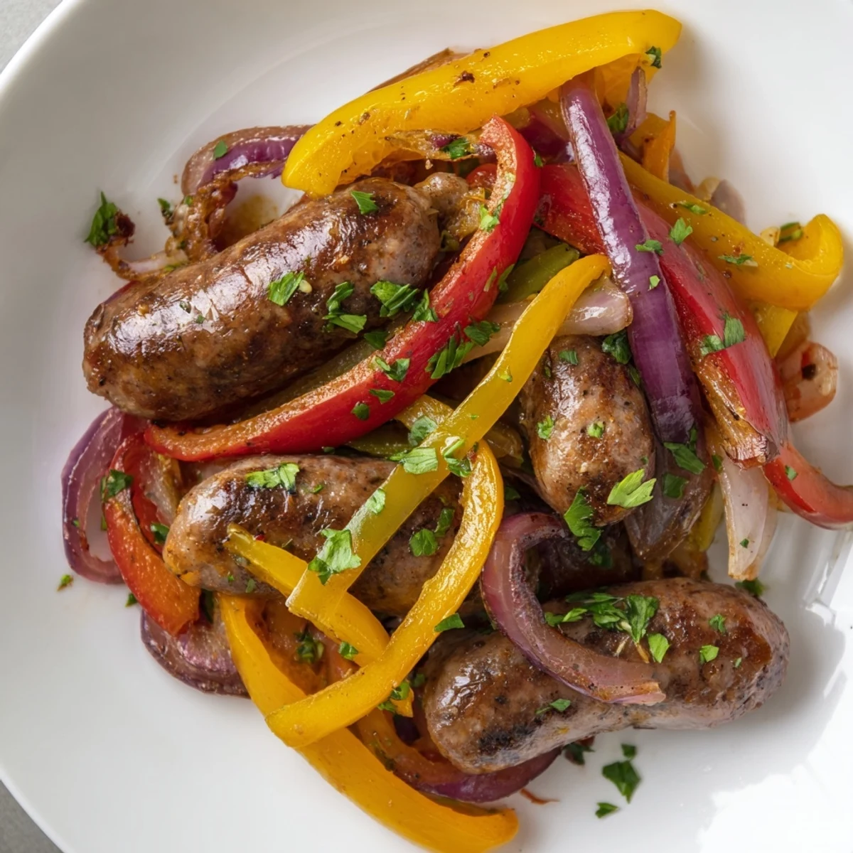 Savory beef sausage slices mixed with caramelized onions and peppers creating a delicious one-pan skillet meal perfect for a quick gluten-free dinner.