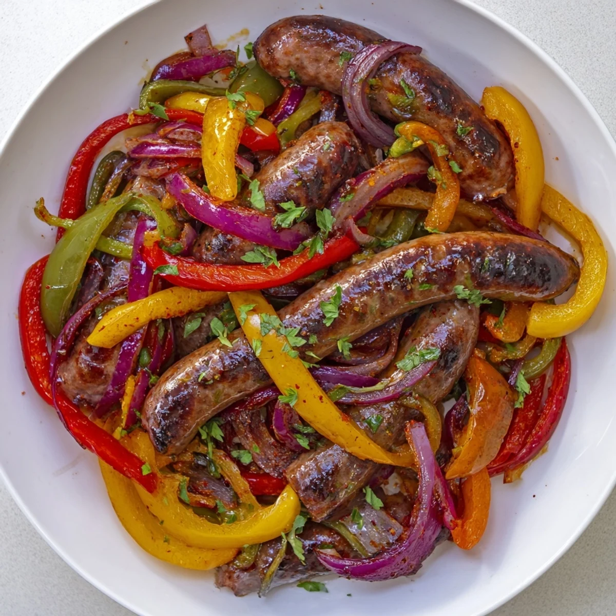 Vibrant colorful bell peppers and sizzling beef sausage pieces in a rustic iron skillet garnished with fresh parsley for a hearty weeknight dinner.